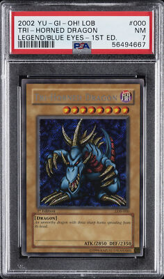 2002 YU-GI-OH! LOB-LEGEND OF BLUE EYES WHITE DRAGON #000 TRI-HORNED DRAGON PSA 7-image