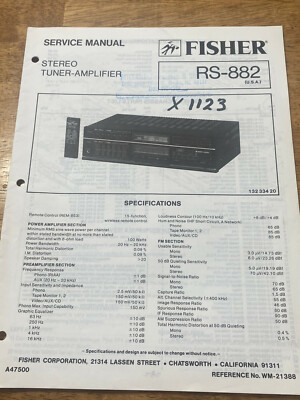 FISHER RS-882 STEREO TUNER - AMPLIFIER ORIGINAL SERVICE REPAIR MANUAL -image