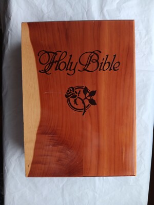HOLY BIBLE In Wooden Engraved Carved Rose Cedar Case Box KJV Memorial Sympathy-image