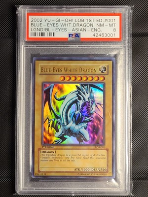 Blue-Eyes White Dragon LOB-001 1st Edition Holo Bleed Asian ENG PSA 8 NM-MT 2002-image
