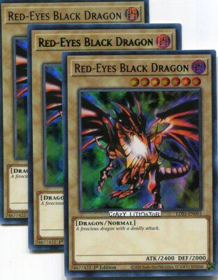 3 X YU-GI-OH RED-EYES BLACK DRAGON 1ST ED GREEN RARE NM/MINT LDS1-EN001-image