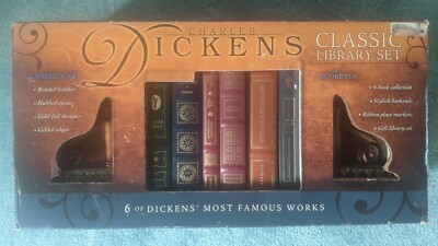 Charles Dickens Classic Library Set Box Leatherbound Book Lot Gold Foil Bookends-image