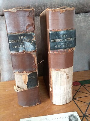 Antique Book Set 2 Volumes Civil War The American Conflict Greeley 1865 Leather-image
