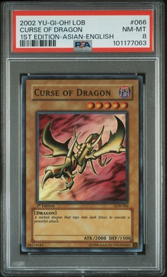 2002 YU-GI-OH! LOB-LEGEND OF BLUE EYES WHITE DRAGON #066 CURSE OF DRAGON PSA 8-image
