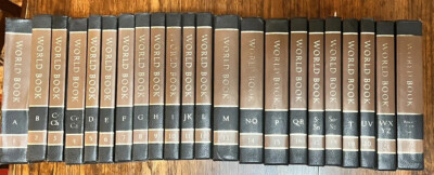 1975 WORLD BOOK ENCYCLOPEDIA 22 VOLUME SET LEATHER GOLD GILDED VINTAGE-image