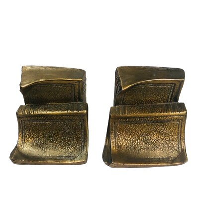 Pair of Vintage MCM Brass Leather Bound Book Bookends-image