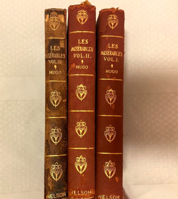 Les Miserables Victor Hugo 3 Volumes Thomas Nelson Leather Bound Vtg Books Set-image