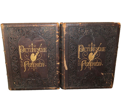 PICTURESQUE AMERICA The Land We Live Vol 1 & 2 Leather Book Set 1872/1874-image