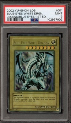 2002 Yugioh Blue-Eyes White Dragon 1st Edition LOB-001 Wavy Faded Low Name PSA 9-image
