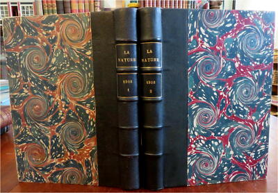 La Nature French Scientific Review Arts 1908 Illustrated rare 2 vol. leather set-image