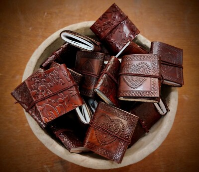 Handmade Mini Assorted Leather Bound Journal Tiny Scrapbook Unlined Cotton Pages-image