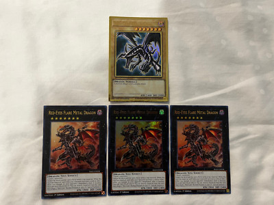 AMAZING RED-EYES BLACK DRAGON GOLD RARE RED-EYES FLARE METAL DRAGON x3 ULTRA YGO-image