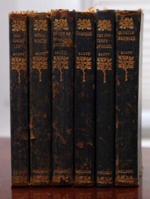 SIR WALTER SCOTT Nelson New Century Library LEATHER Book Set of 6 Volumes c 1900-image
