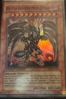 Retro YugIoh Red-Eyes Darkness Metal Dragon Holographic Card with a black Sleeve-image
