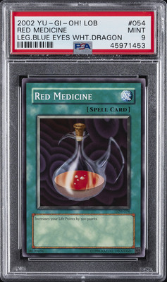 2002 YU-GI-OH! LOB-LEGEND OF BLUE EYES WHITE DRAGON #054 RED MEDICINE PSA 9-image