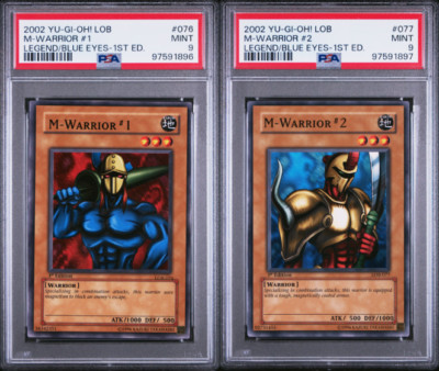 YuGiOh! Legend Blue Eyes White Dragon 1st M-Warrior #1 #2 LOB-076 LOB-077 PSA 9-image