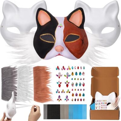 Cat Fox Mask 3PCS with Furs Eye Meshes and Gem Stickers, Therian Dress Up... -image