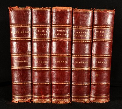 c1890 5vol Charles Dickens Early Library Set Illustrated Leather Binding-image