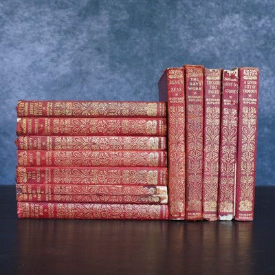 Antique Rudyard Kipling Rustic Leather Bound Shabby Shelf Decor Book Set-image