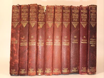 LEATHER Set;WORKS OF EDGAR ALLAN POE!Complete Antiquarian Rare 1904 Rustic Chips-image